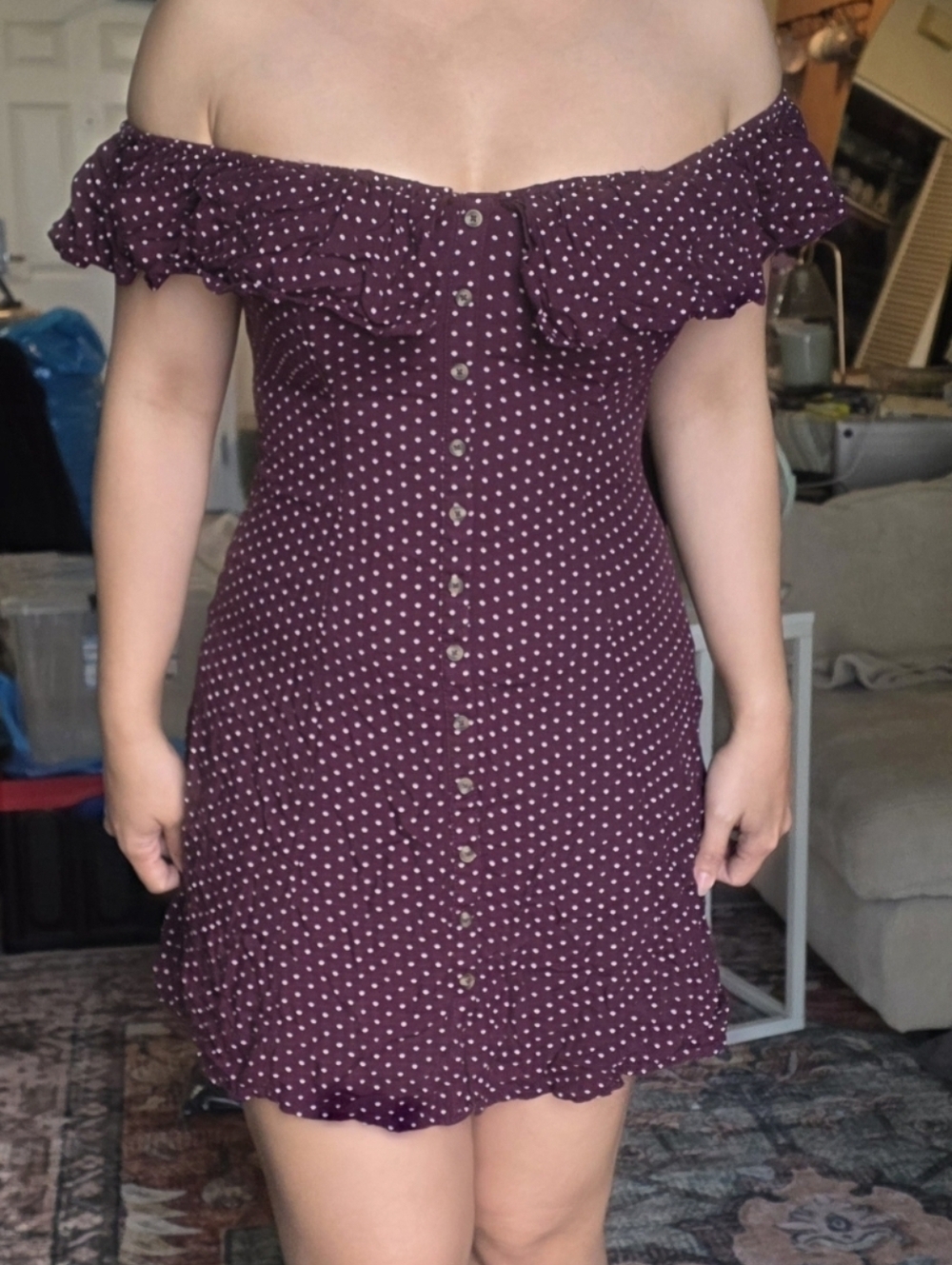 American Eagle Purple Polka Dot Off-Shoulder Mini Dress Size Small